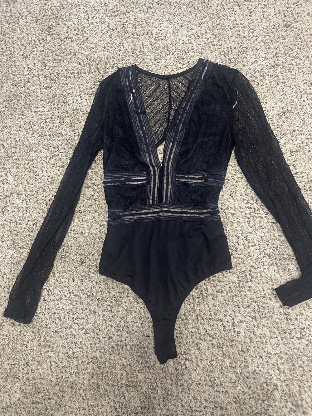 Lulu's Black Lace Long-Sleeve Plunge Bodysuit